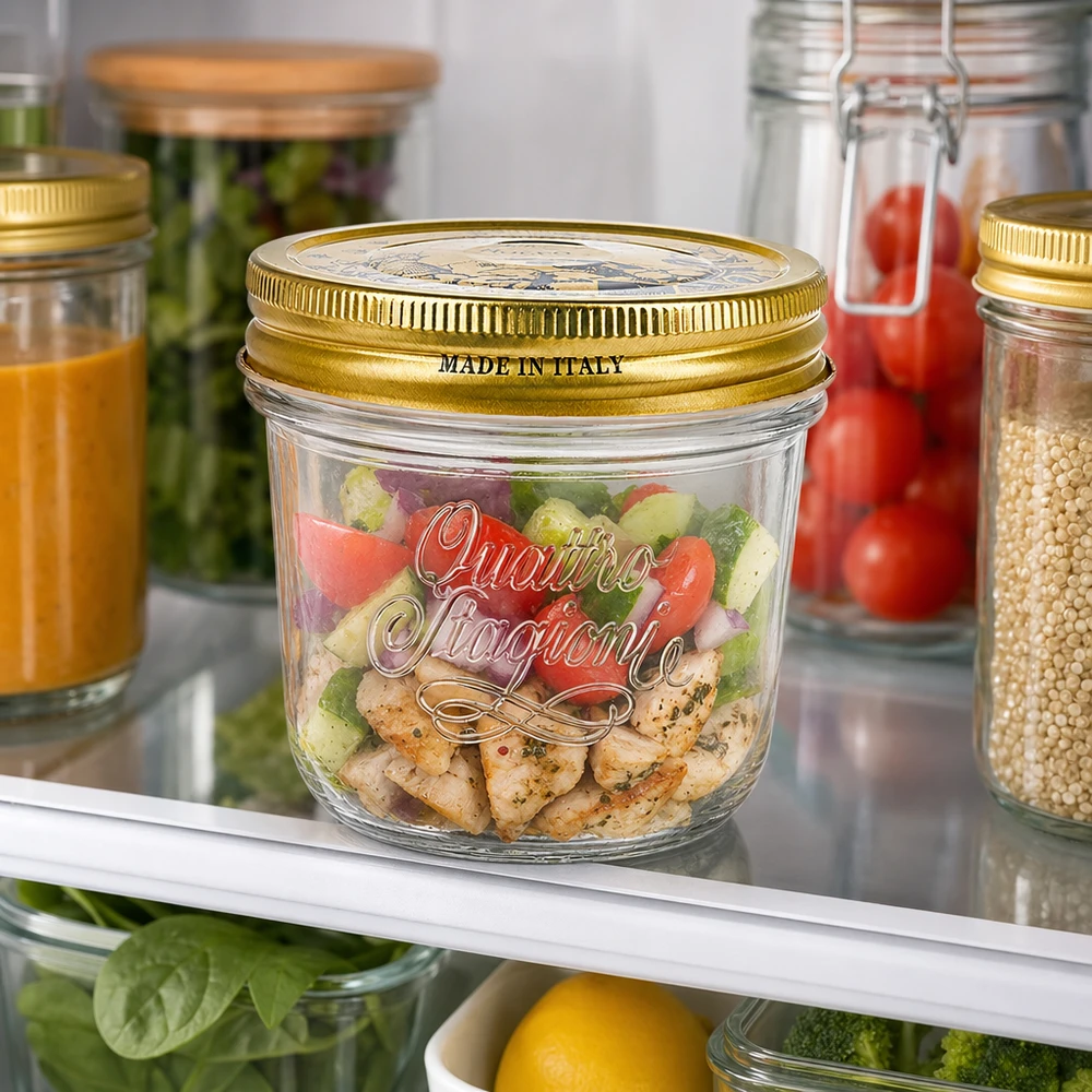 200 ml Quattro Stagioni-glasburk med guldlock fylld med färgglad sallad i kylen bredvid andra förvaringsburkar