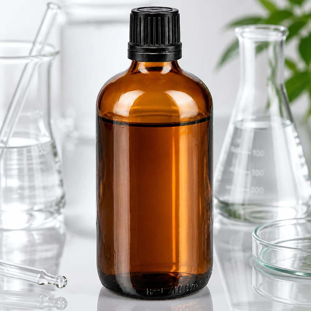 Apoteksflaska brun 100ml dropplock premium 1mm svart manipuleringssäkert lock 100 ml apotekarflaska i brunt glas med svart skruvlock och 1 mm droppinsats i laboratoriet