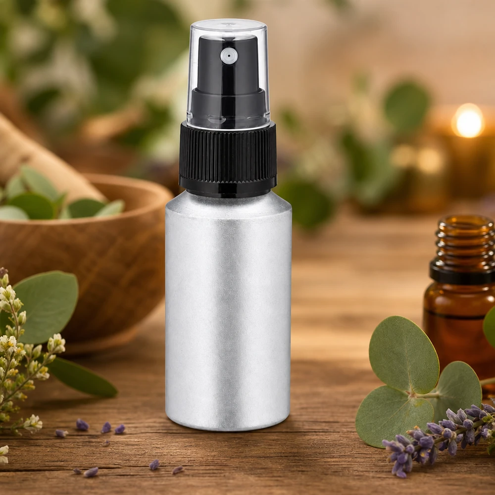 30 ml flaska i inlagd aluminium med finfördelare Flaska i färgat aluminium 30 ml med pumpspruta för aromaterapitillämpningar
