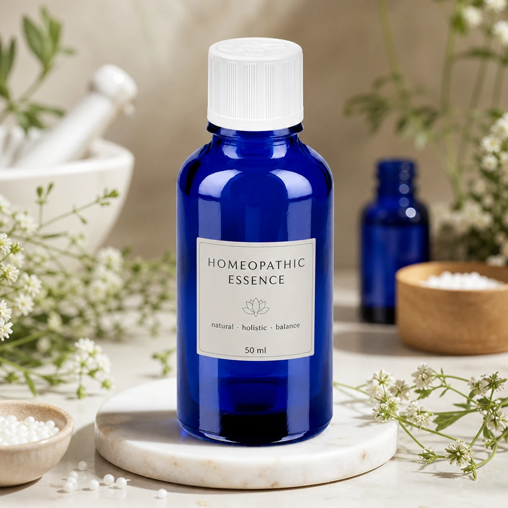 30 ml glasflaska i elegant blå färg med 11 mm skruvkork för homeopatiska essenser