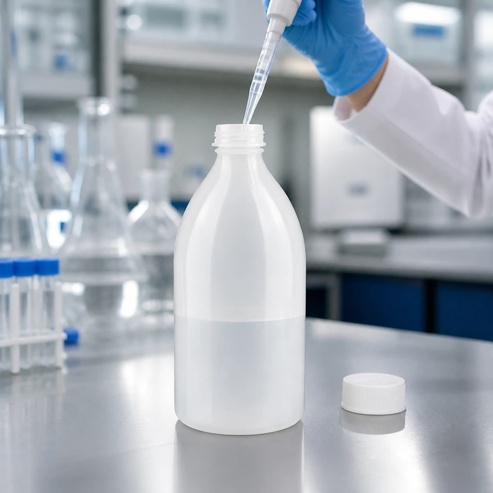 500ml skruvflaska, laboratorieflaska med smal hals Laborant befüllt 500ml Enghals Schraubflasche mit Messpipette und Schutzhandschuhen
