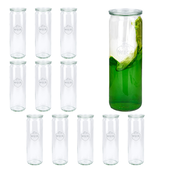 Set med 12 cylindriska burkar Weck i glas 600 ml, 1/2 l med lock