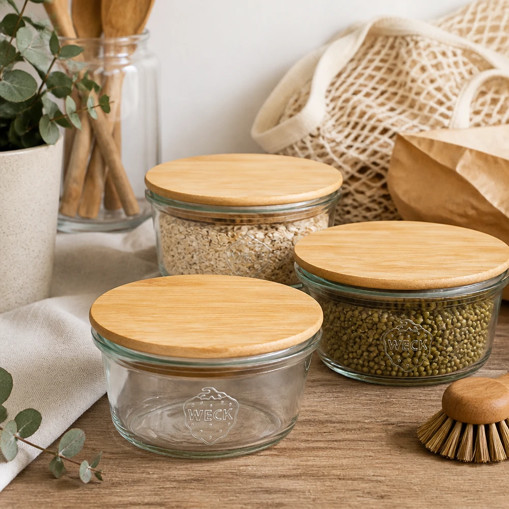 50ml mini Krossade glasögon WECK RR60 med trälock WECK Mini Sturzglas 50ml mit Bambusdeckel in nachhaltiger Zero-Waste Küche mit Mesh-Beutel und Holzutensilien