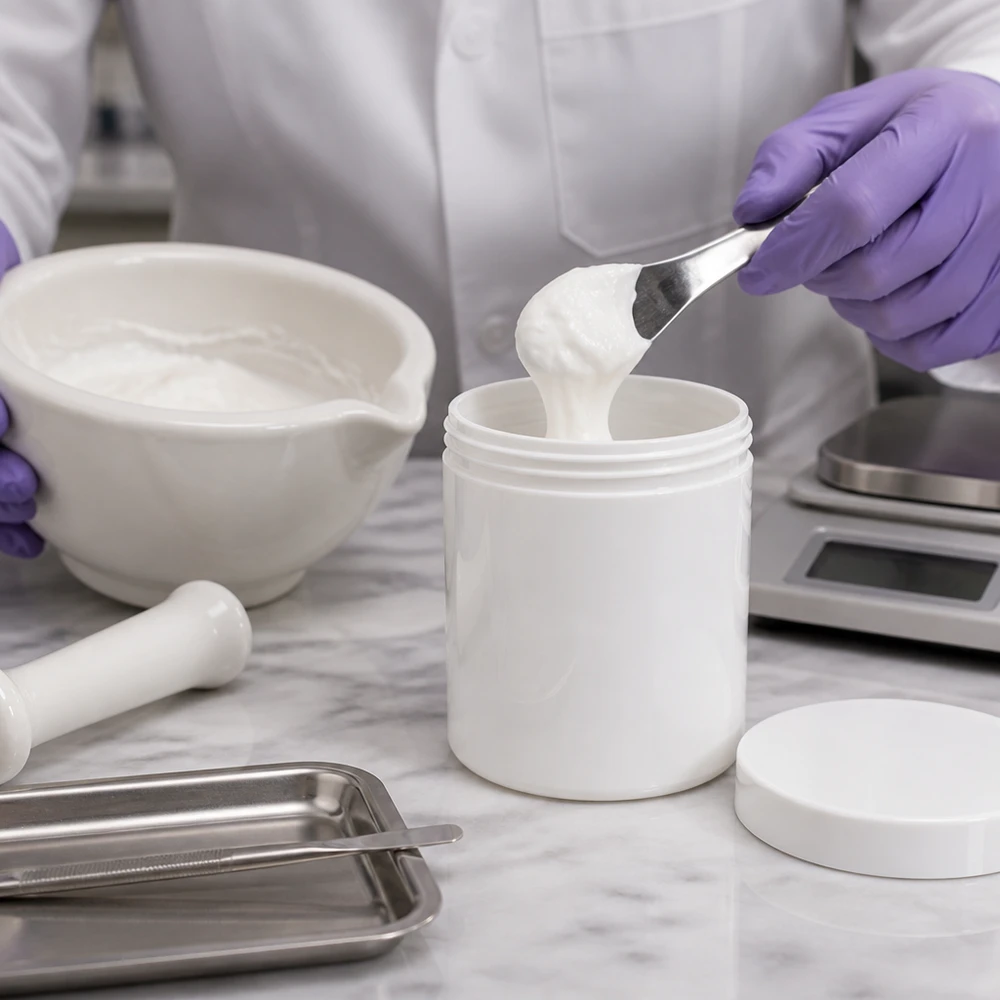 Salvburk 800g vit med vitt skruvlock (polypropylen) Farmaceutisk tappning av salva i en vit PP-plastburk på 800 g med skruvlock