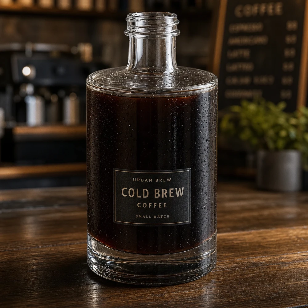 375 ml glasflaska Sam utan skruvlock UNiTWIST® 375 ml glasflaska Sam fylld med kallbryggt kaffe som presenteras i en elegant kaffebaratmosfär