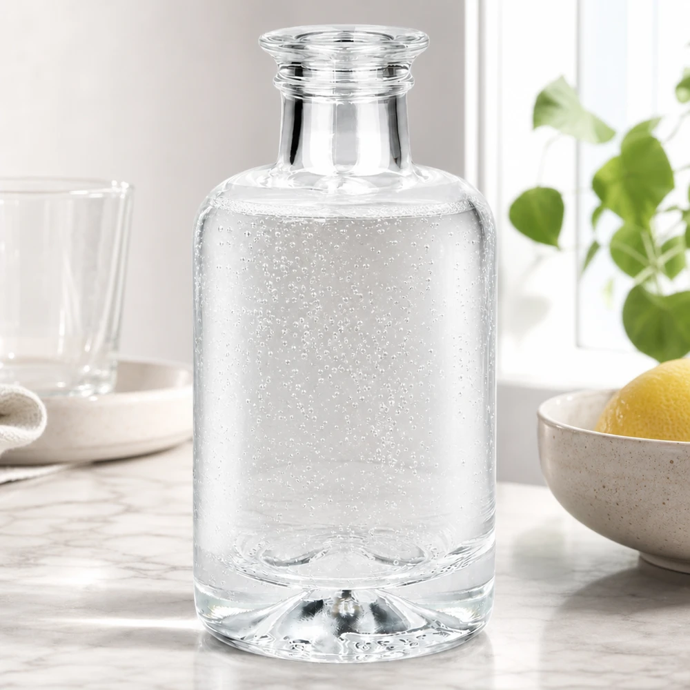 100 ml Sofia glasflaska fylld med kolsyrat vatten på vit köksbänk bredvid citroner och växt