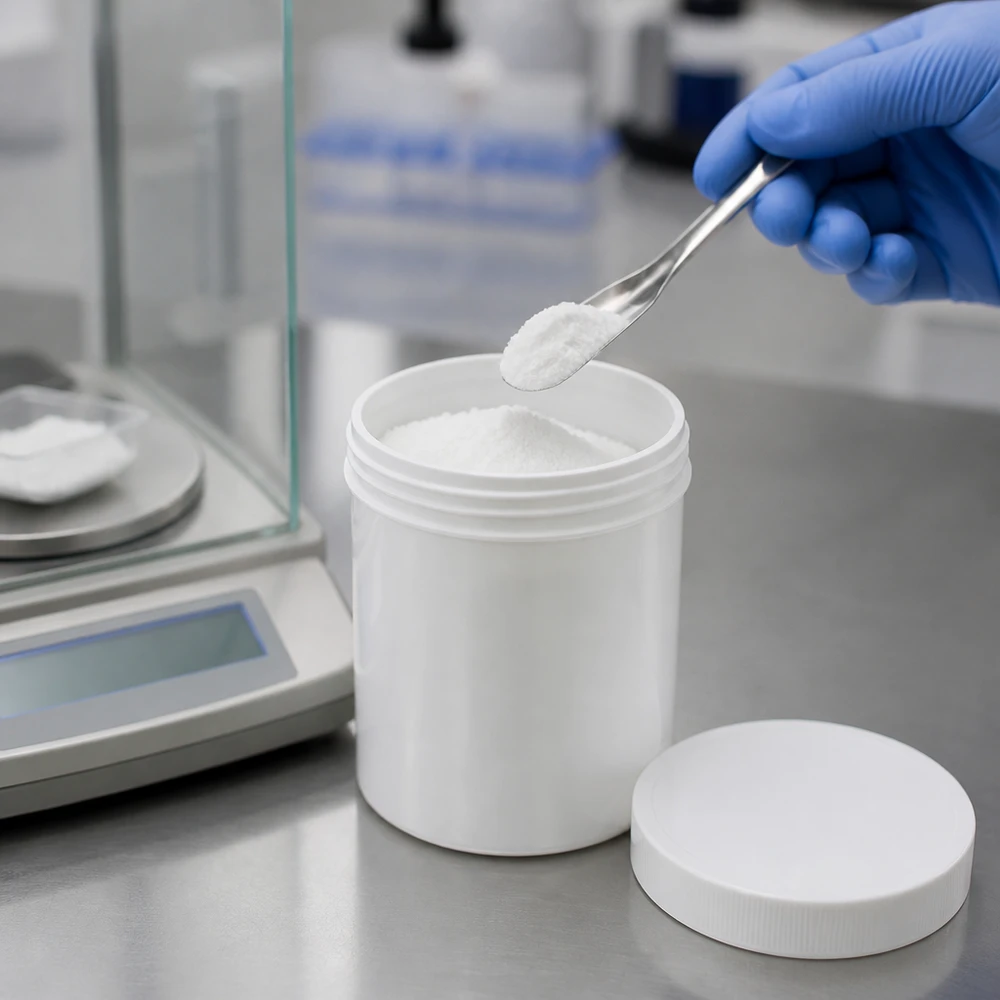 Salvburk 500g vit med vitt skruvlock (polypropylen) En laboratorieassistent med skyddshandskar doserar vitt pulver med en spatel i en 500 g PP-salvburk på en analysvåg