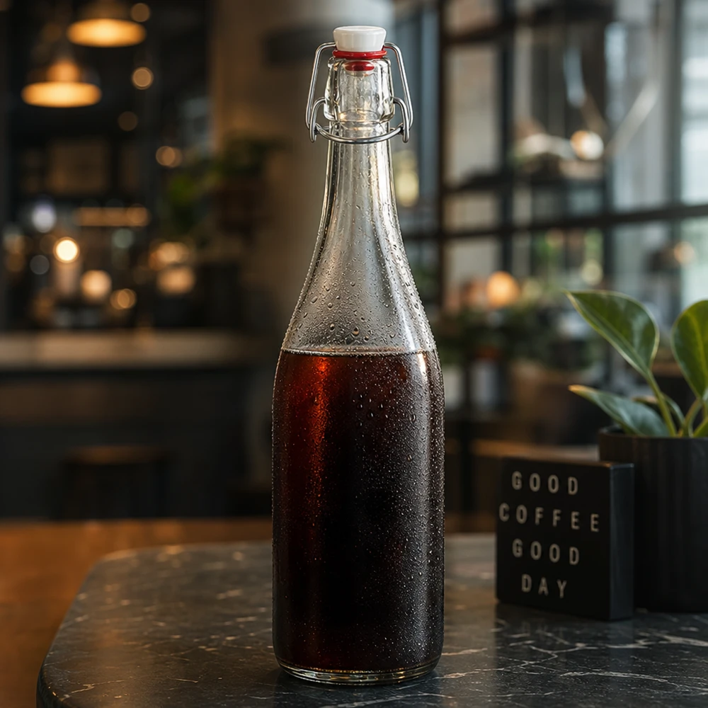 750ml glasflaska + svängbar topp PVC UNiTWIST 750 ml glasflaska med svängbar topp fylld med cola Caféatmosfär kallbryggt kaffe stämningsfull belysning elegant