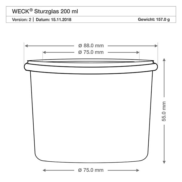 200ml Krossade glasögon WECK RR80 med kork natur Teknisk ritning WECK dricksglas 200ml RR80 med måtten Diameter 88mm Höjd 55mm Vikt 157g