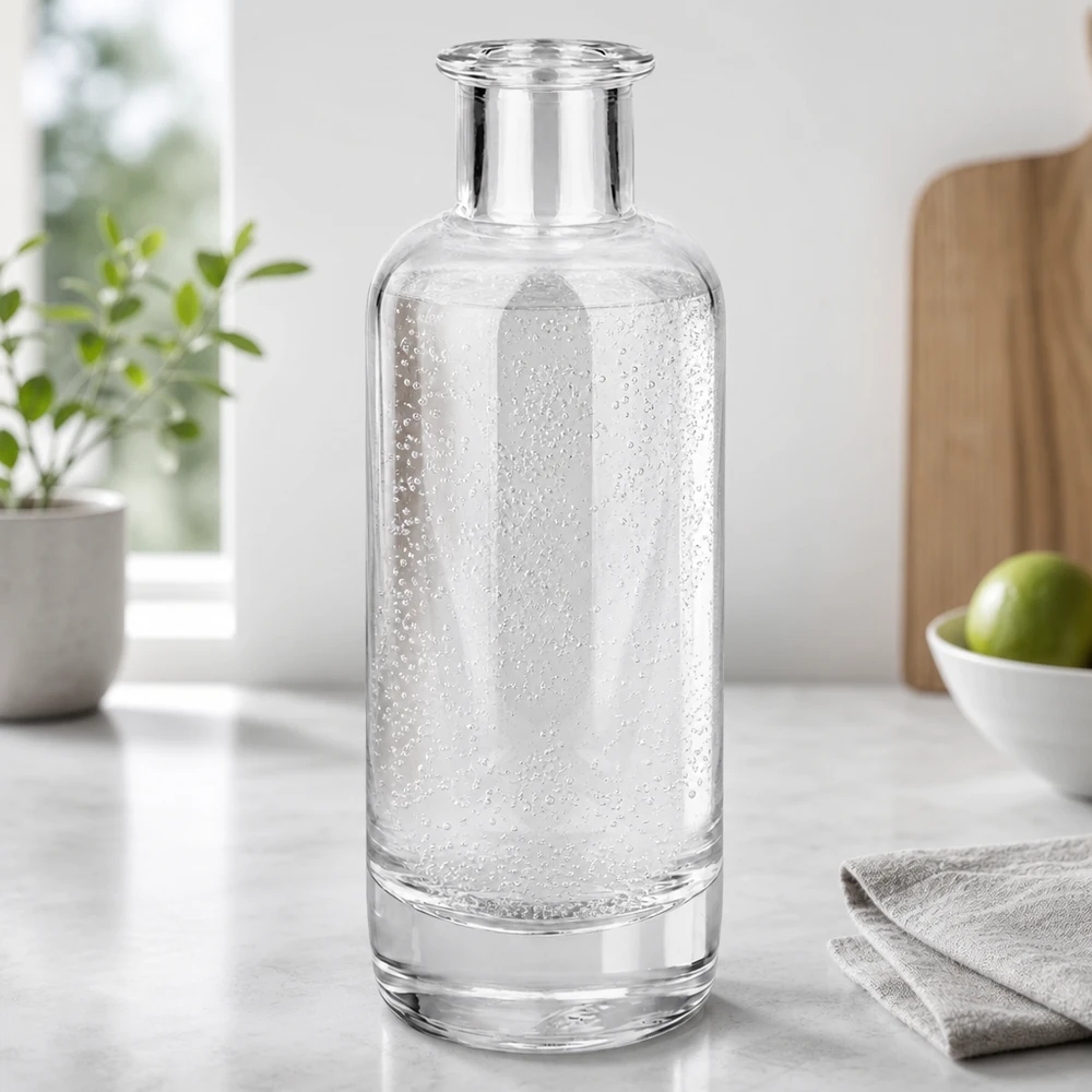 200 ml glasflaska Ella utan förslutning UNiTWIST® 200 ml glasflaska Ella fylld med kolsyrat mineralvatten i modernt kök visar användning för drycker
