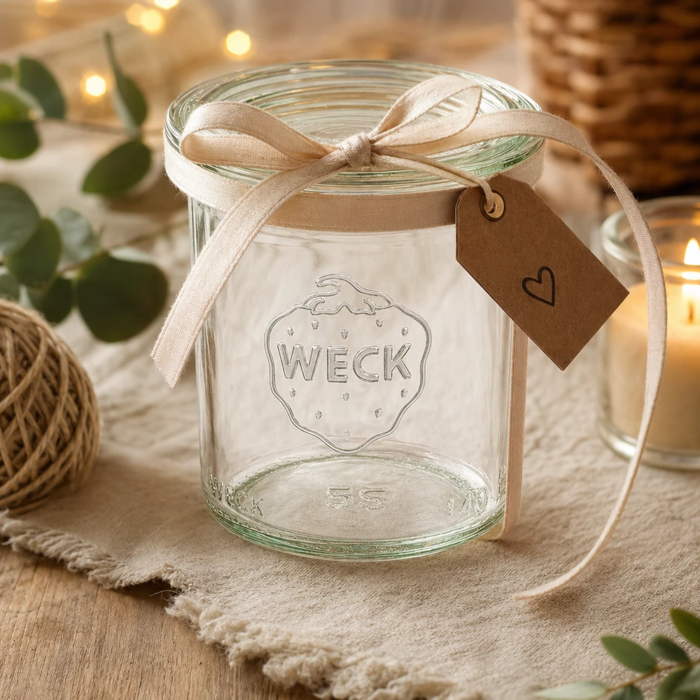 WECK 140 ml burk med glaslock RR60 | Premiumkvalitet WECK Sturzglas 140ml RR60 als Geschenk dekoriert mit beiger Schleife und Herzanhänger auf rustikalem Holztisch