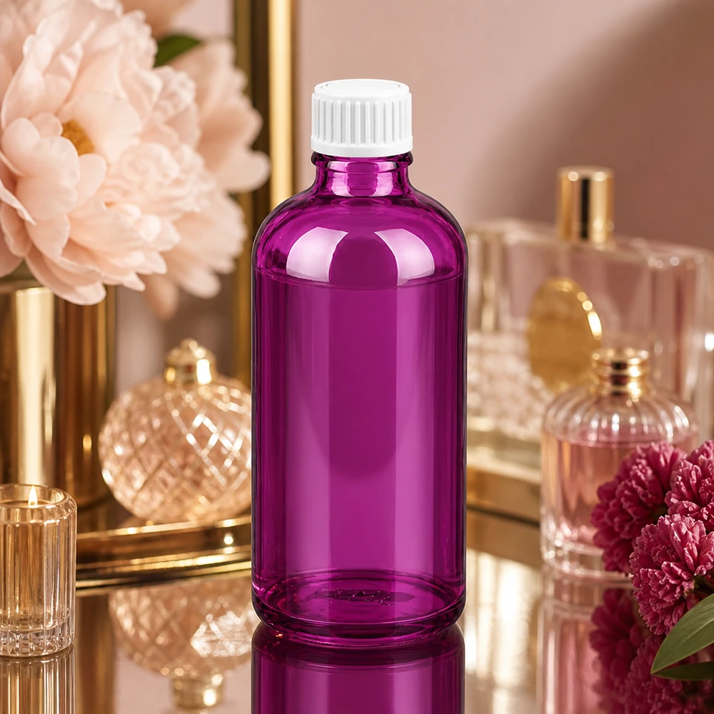 Elegant lila glasflaska 100 ml med UT18-gänga för lyxiga kosmetiska produkter och serum