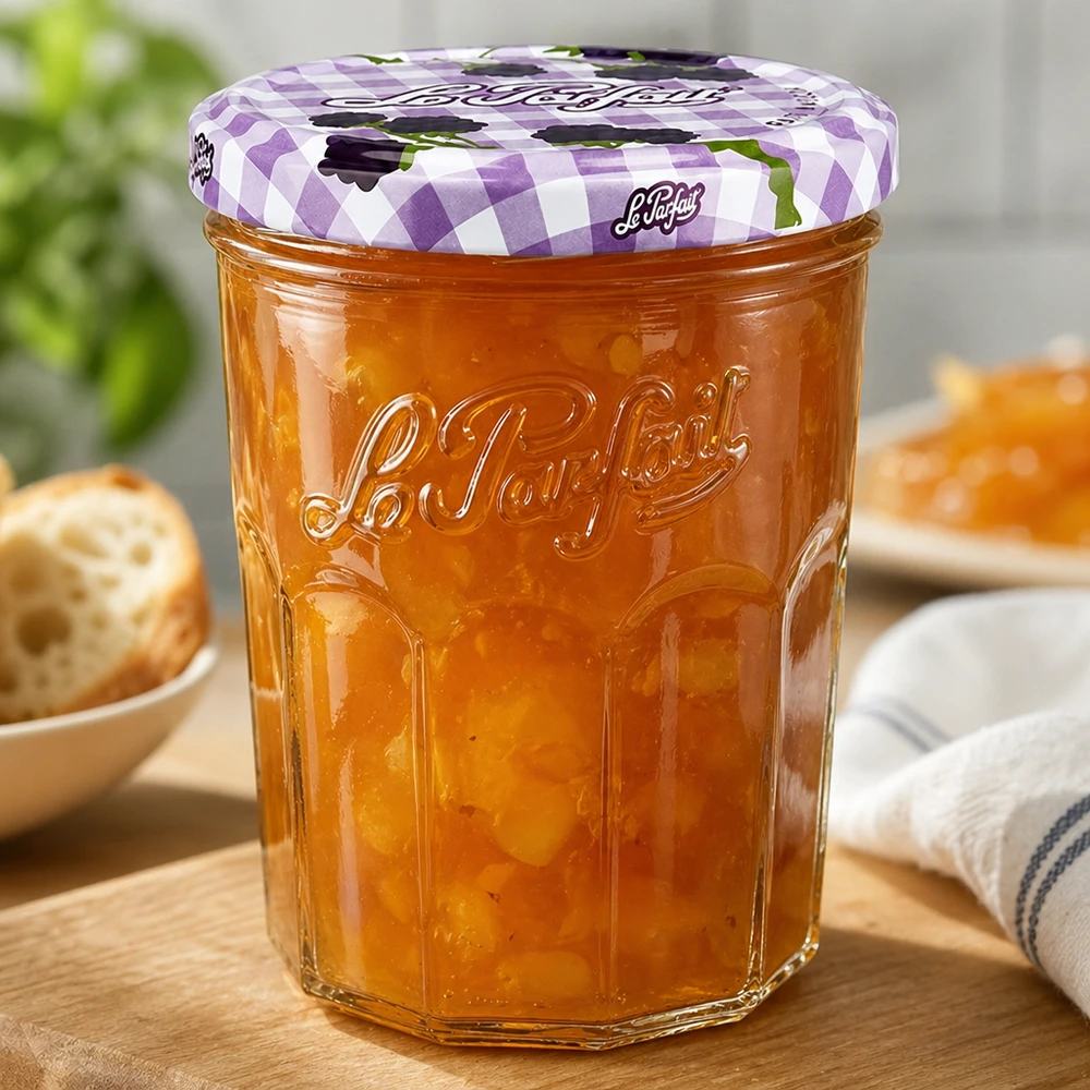 Le Parfait-muggar 385 ml fyllda med apelsinmarmelad på träbord bredvid bröd- och frukostbricka