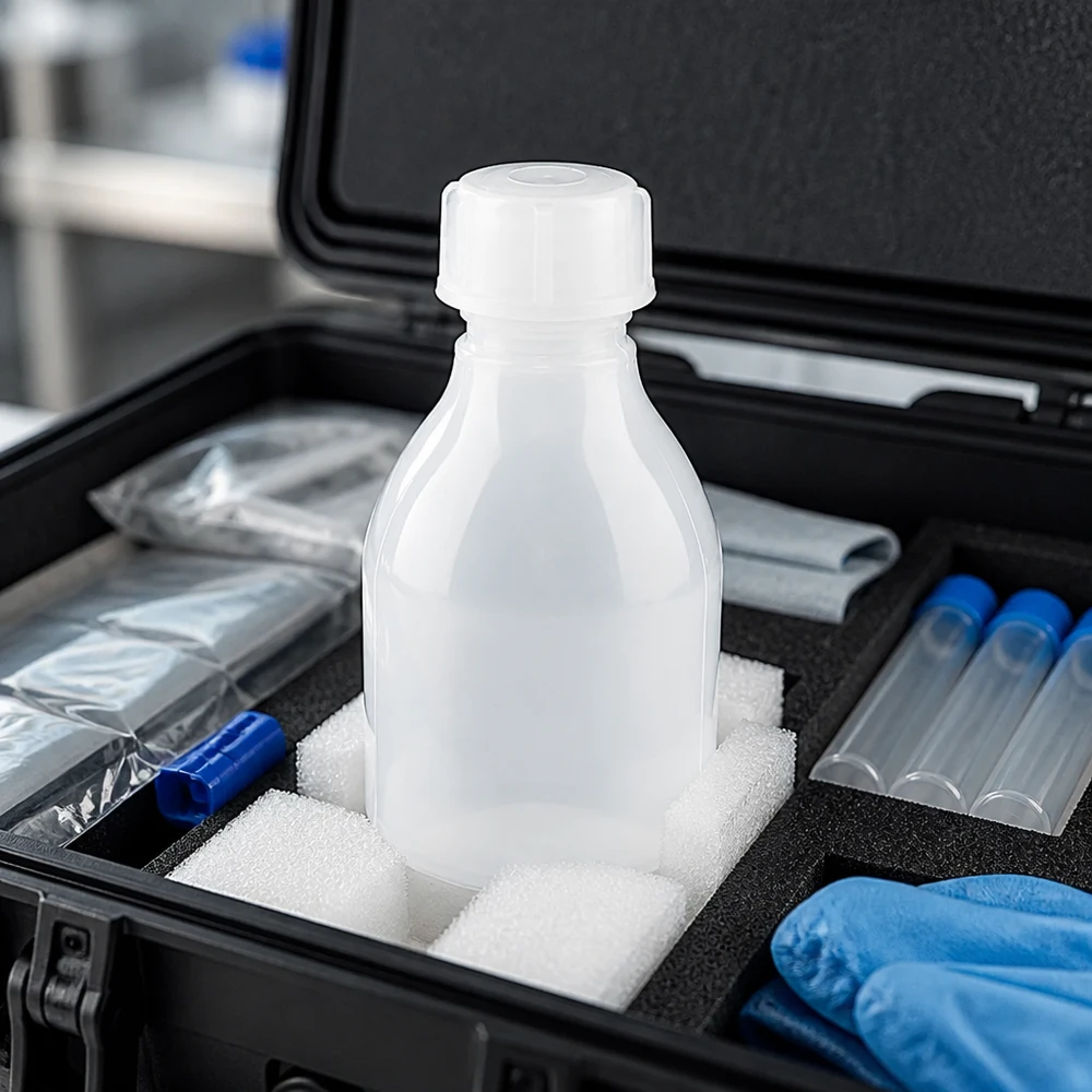 30ml skruvflaska, laboratorieflaska med smal hals 30 ml laboratorieflaska med smal hals i provväska med skumfyllning, provrör och blå handskar
