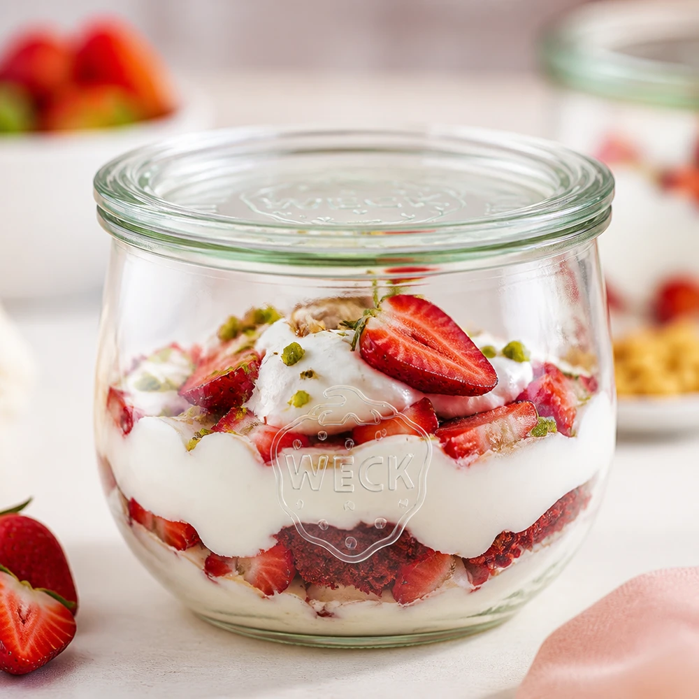 WECK tulpanburk 580ml RR100 fylld med jordgubbsyoghurtdessert som dessertvariant med pistagenötter på en vit yta