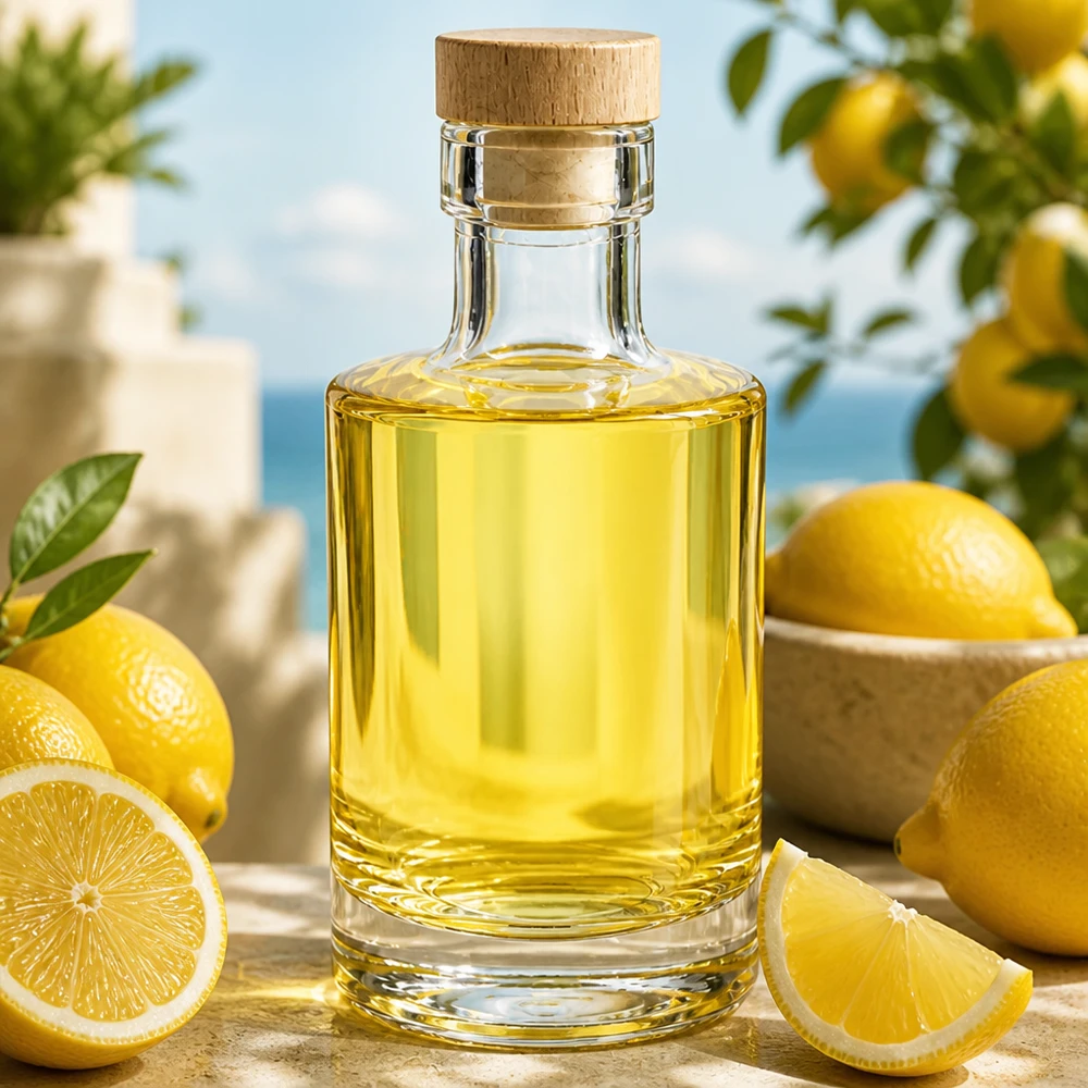 200 ml glasflaska Marie med kork med trähandtag UNiTWIST® 200 ml glasflaska Marie fylld med gul olja, korkpropp, dekorativt uppställd med citroner på ett träbord