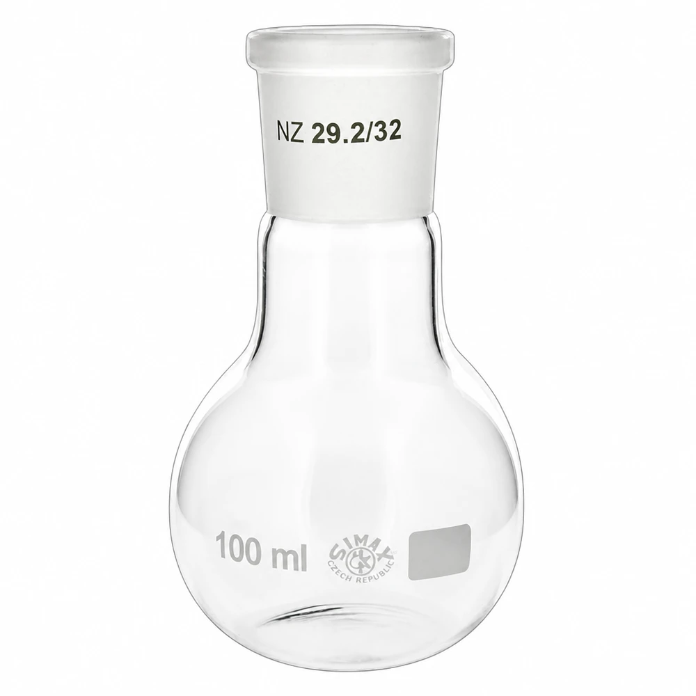 Stående kolv 100ml med standardslipad fog (29/32) Stående kolv 100ml av borosilikatglas med standard slipad fog NS 29/32 för laboratorieapplikationer