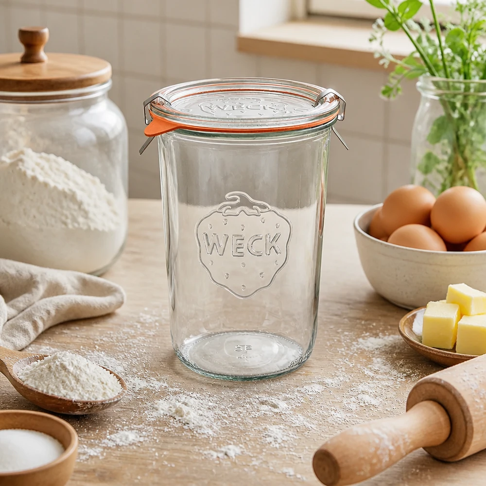 850ml krossade glasögon komplett WECK RR100 WECK tumblers 850ml RR100 i naturlig köksmiljö med bakingredienser ägg smör och mjöl för nedkokning
