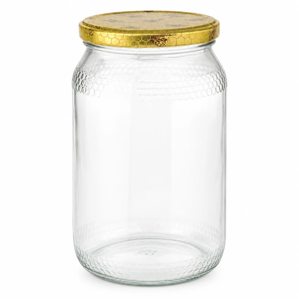 1260 g honungsburk med honungskakemönster-lock BasicSeal UNiTWIST 900 ml honungsburk med gyllene BasicSeal-lock honungskakemönster tom biodlingstillbehör honungsverpackning