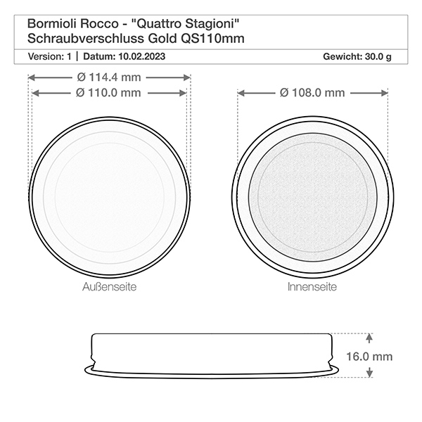 Skruvlock "Quattro Stagioni" guld QS110mm Teknisk ritning Quattro Stagioni skruvlock med måtten 114,4 mm i diameter och 16 mm i höjd