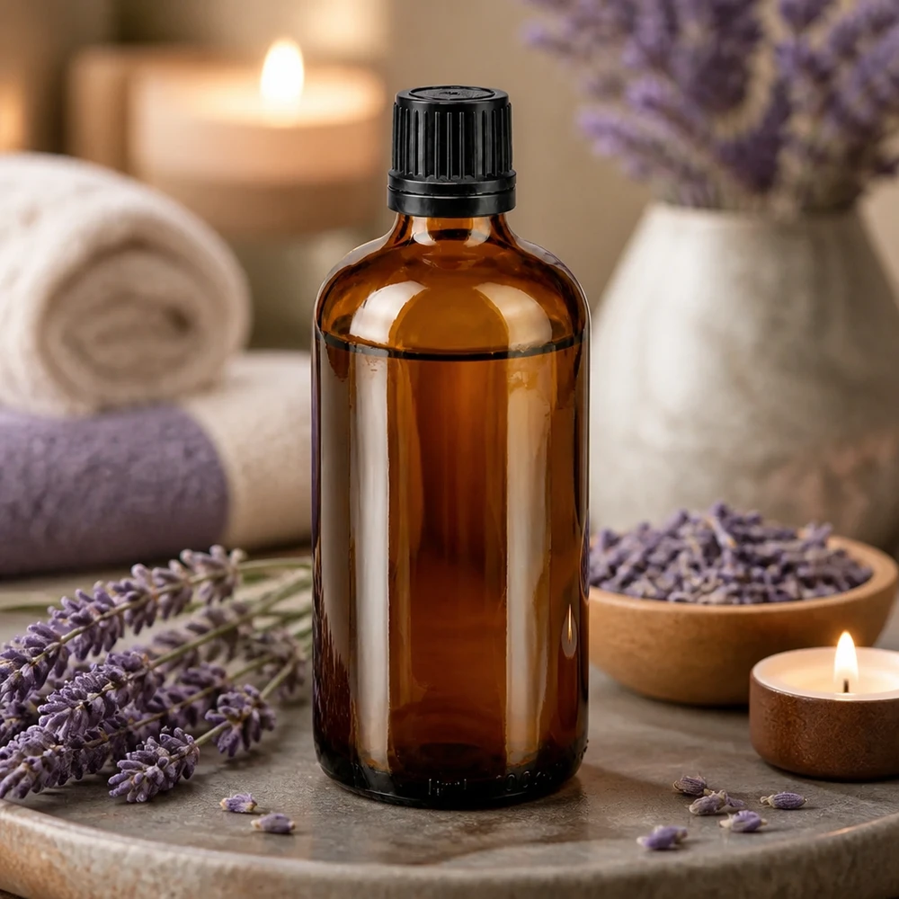 Apoteksflaska brun 100ml dropplock premium 1mm svart manipuleringssäkert lock Brun glasflaska på 100 ml med droppinsats, omgiven av lavendelblommor och ljus