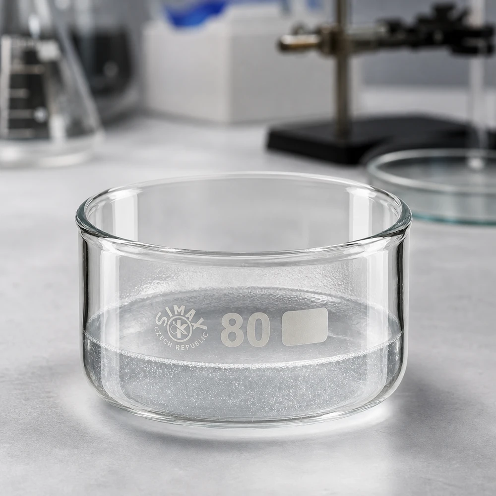 150ml kristalliseringsskål utan pip borosilikat ø80mm Tom, genomskinlig kristalliseringsskål, 150 ml, borosilikatglas, ø80 mm, SIMAX, Tjeckien, laboratorieutrustning