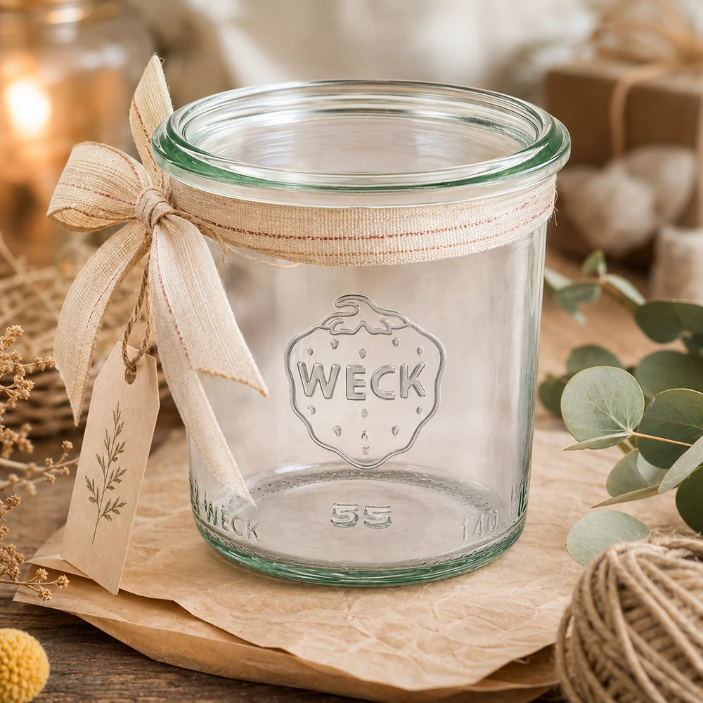 140 ml Krossade glasögon WECK RR60 140 ml WECK RR60-glas med band på träskiva, tom konserveringsburk för sylt och konserver
