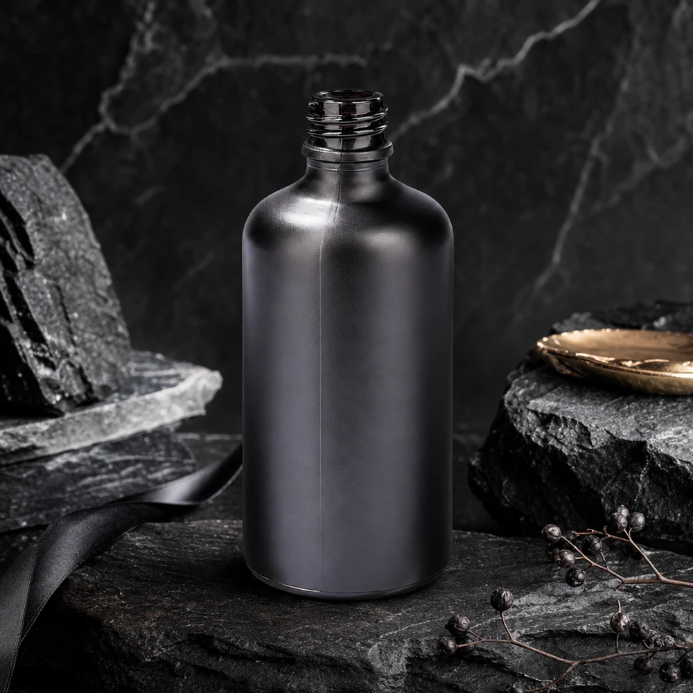 Svart 100ml apoteksflaska BlackLine UT18/100 UNiTWIST tillverkad av högkvalitativt glas för kosmetika
