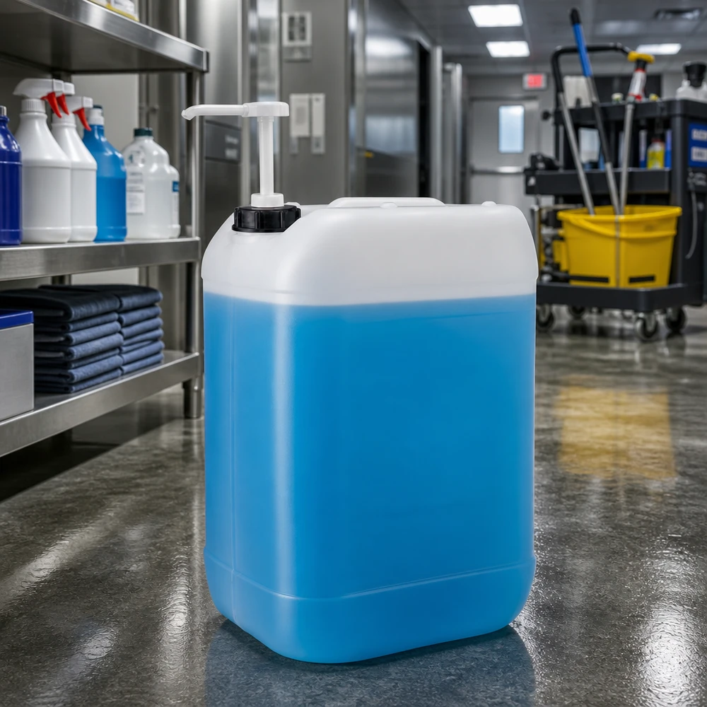 Dunk 25 liter med doseringspump Blå 25-litersdunk med vit pump i en kommersiell städmiljö