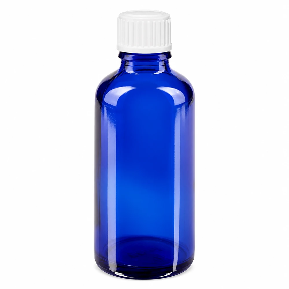Apoteksflaska blå 50ml skruvkork vit globuler standard 50 ml blå glasflaska med vit kork, tillverkad av apotekerglas för farmaceutiska tillämpningar