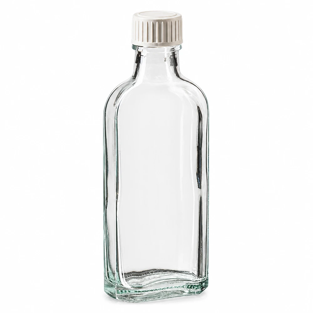 100 ml Meplat genomskinlig skruvkork med PE-skuminlägg 100 ml Meplat-glasflaska, klar, med vitt skruvlock och PE-skuminsats
