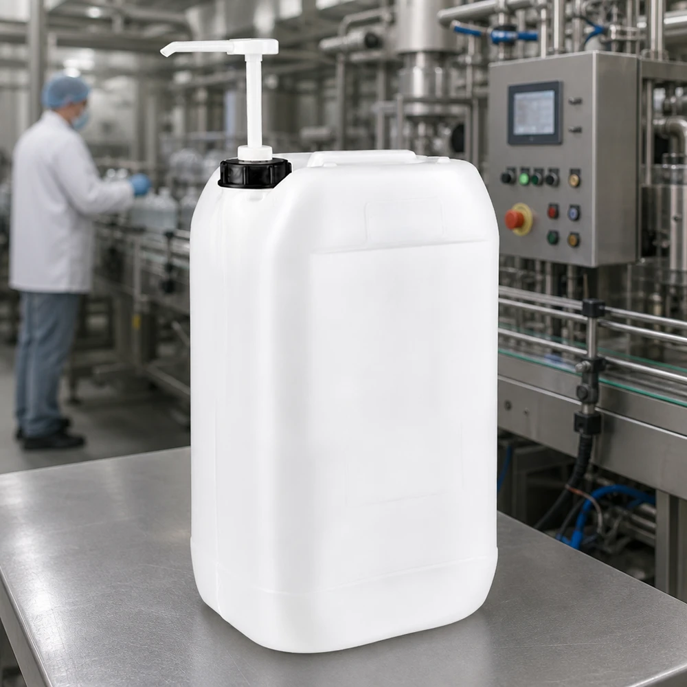 Dunk 15 liter med doseringspump Rektangulär 15-liters HDPE-dunk med doseringspump på ett bord av rostfritt stål i en industriell produktionsanläggning