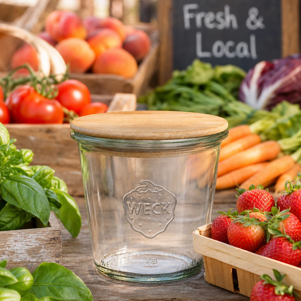 WECK förvaringsburk 290ml RR80 med trälock mellan färsk frukt och grönsaker i marknadsstånd Fresh Local