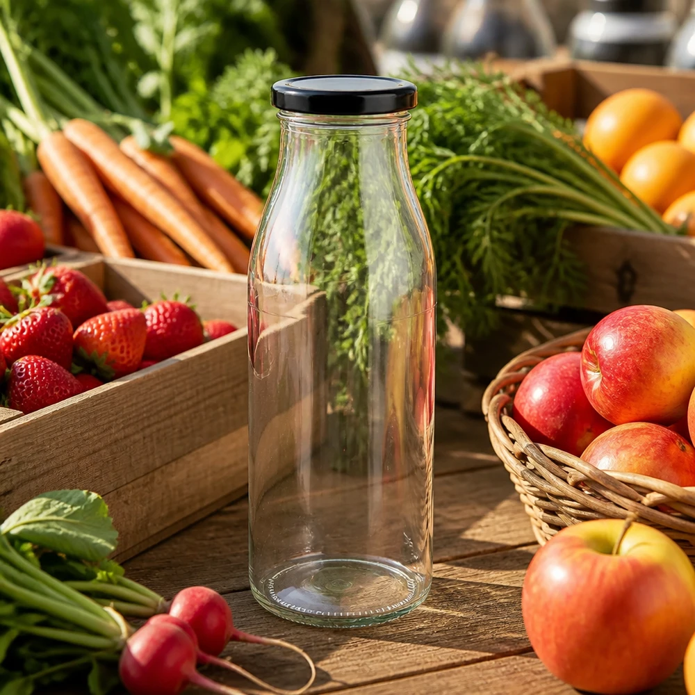 500 ml glasflaska med svart lock mellan färsk frukt och grönsaker på träbord Köksscen