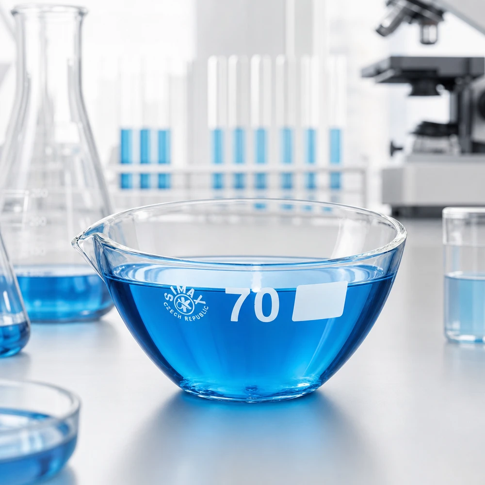 60ml indunstningsskål med pip av borosilikat ø70mm Värmebeständig 60 ml indunstningsskål med borosilikatutlopp för kemiska experiment och analyser
