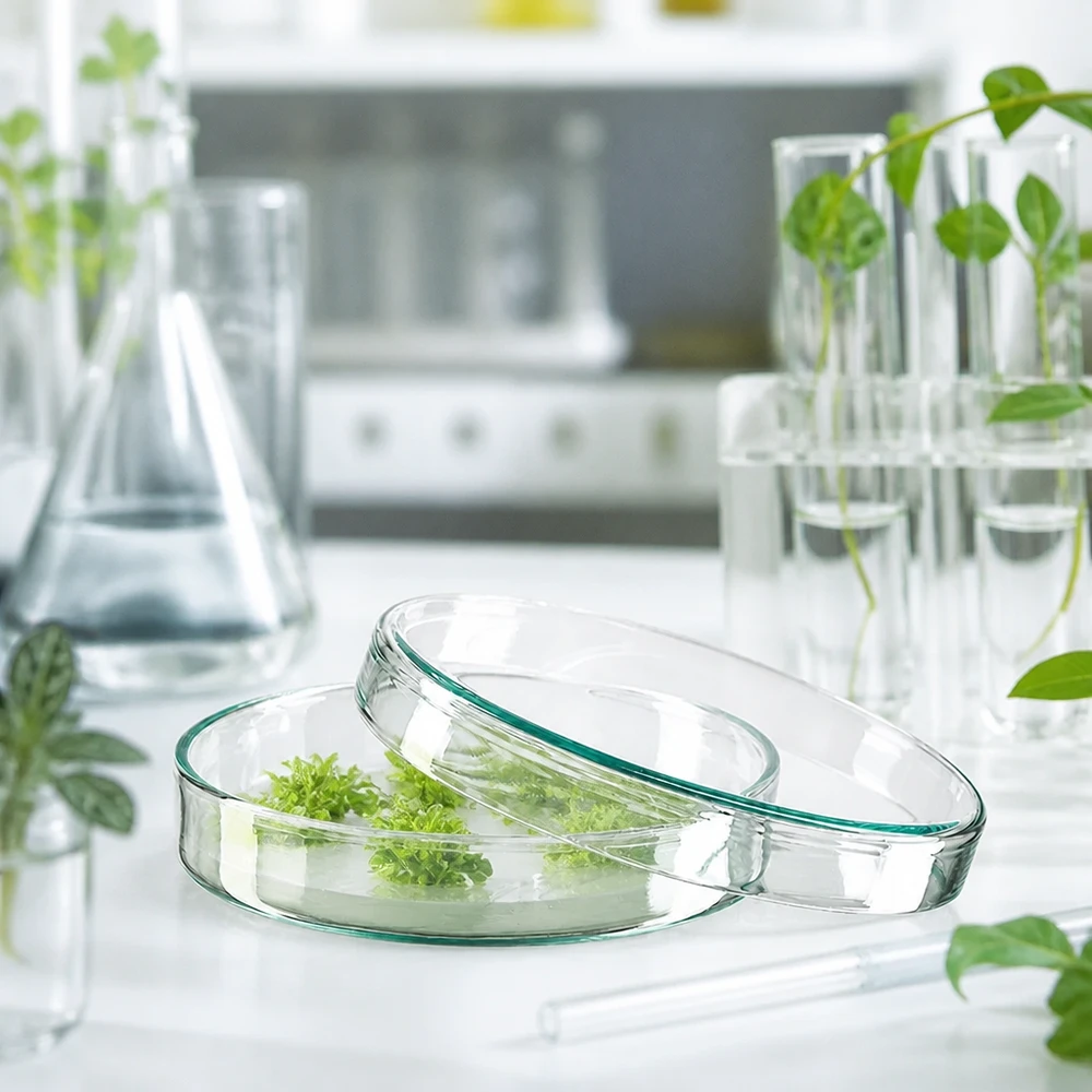 Petriskål 100x20mm glas Petriskål, 100 x 20 mm, av glas, med växtskott på grönt näringsmedium i ett botaniskt laboratorium