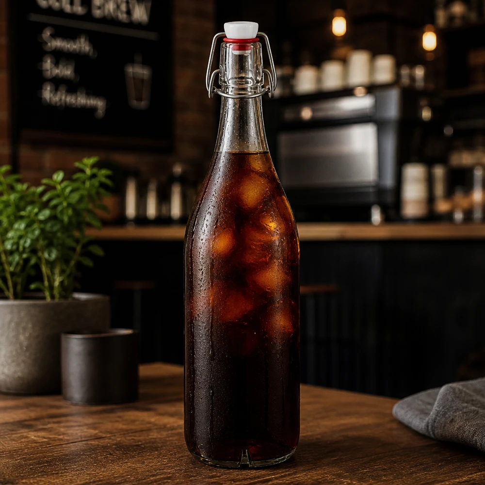 1000 ml glasflaska + svängbar topp PVC UNiTWIST 1000ml Glasflasche mit Bügelverschluss gefüllt mit Cola-Getränk auf Holztheke in stilvoller Café-Atmosphäre