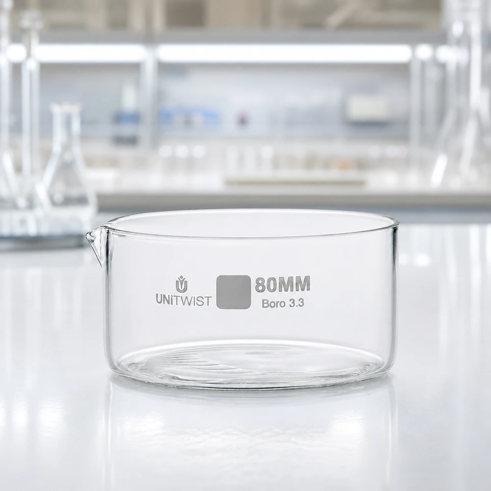 Kristallisationskärl ø80 mm, borosilikatglas UNiTWIST Tom kristalliseringsskål, 80 mm, borosilikatglas 3.3 UNiTWIST på en vit laboratorieyta
