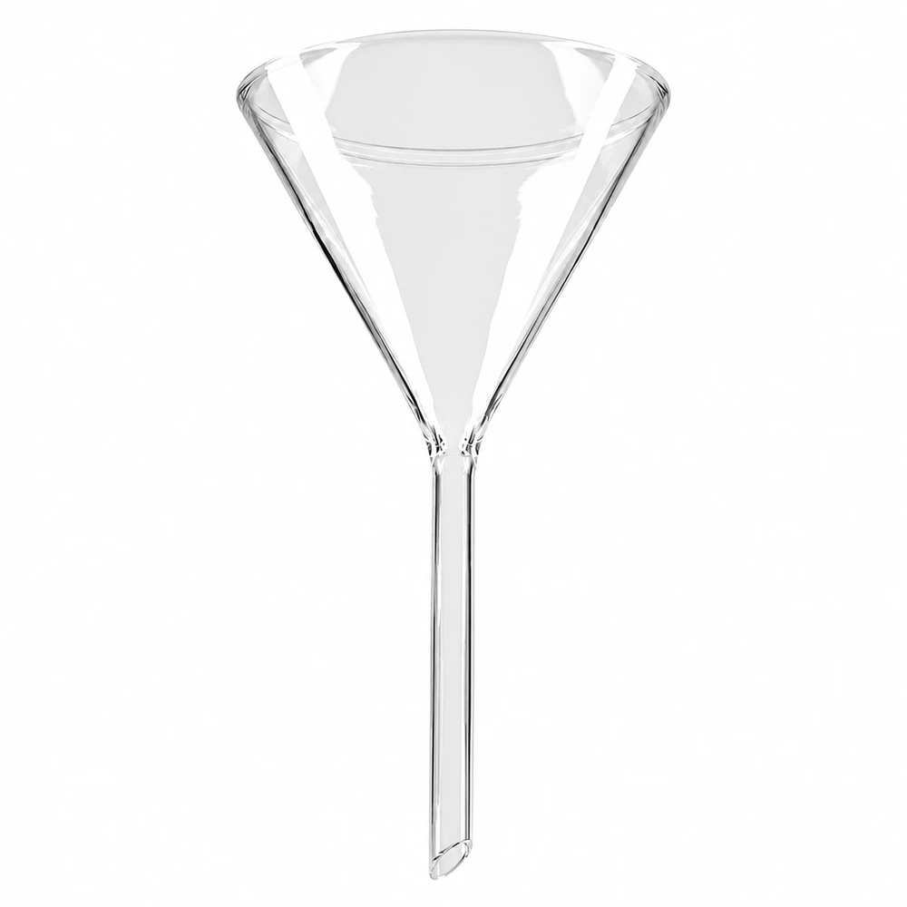 Tratt ø100mm soda lime, vinkel 60°, kort modell Glastratt med en diameter på 100 mm, tillverkad av sodaglas med kort fot, för laboratoriebruk