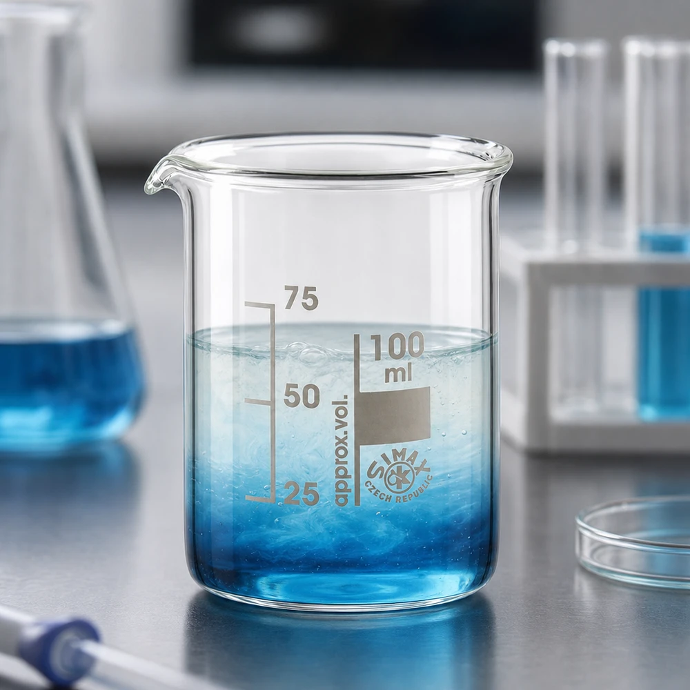 Bägare 100ml borosilikatglas, låg form Bägare i borosilikatglas 100 ml med blå lösning och tydligt synlig milliliterskala