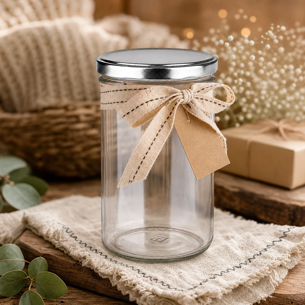 277 ml dricksglas med BasicSeal-lock silver dekorativt med rosett presentförpackning rustik trälook atmosfär