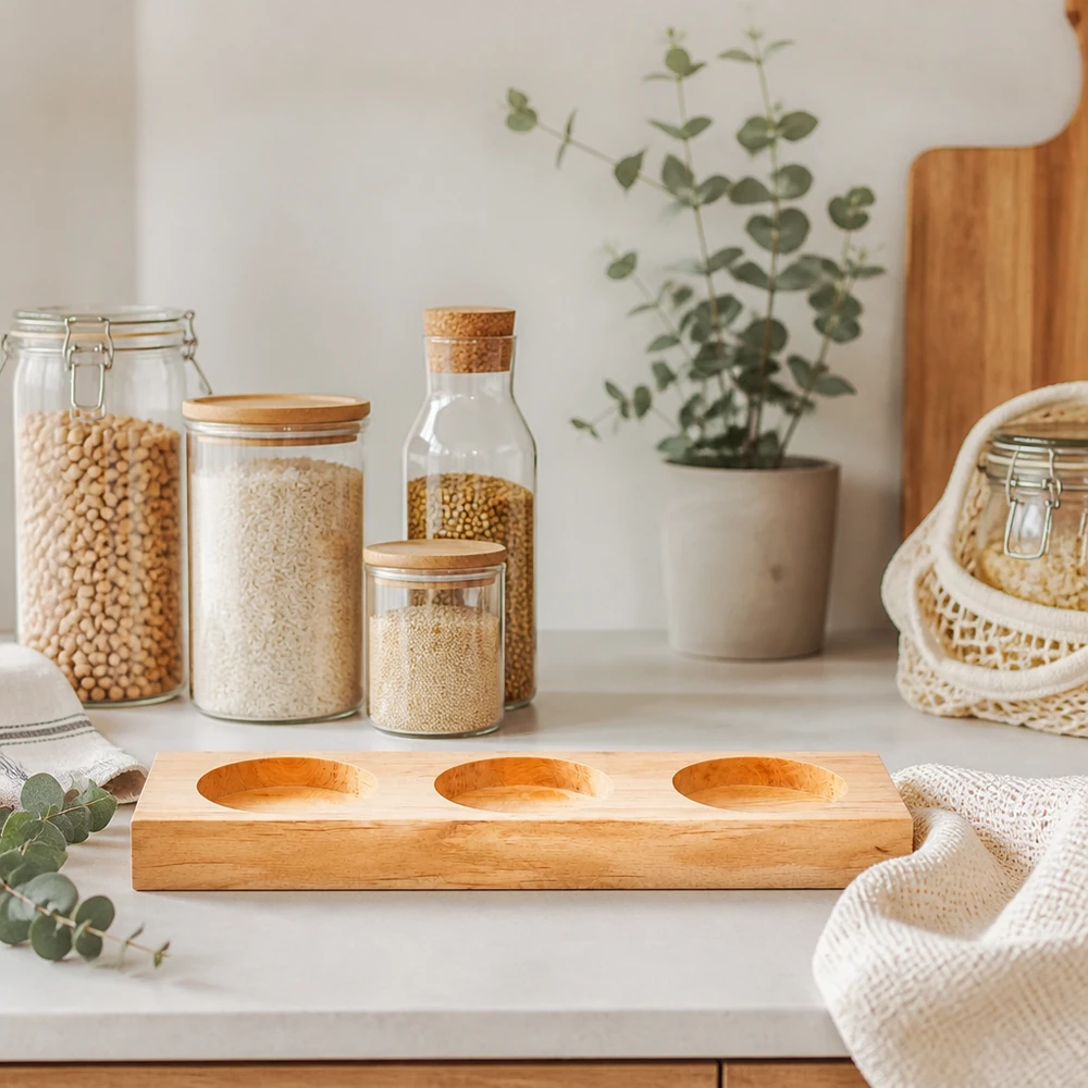 Serveringsbricka Plano3 för 3 WECK-burkar Servierbrett Plano3 aus Bambus auf weißer Arbeitsplatte mit Vorratsgläsern und eucalyptus Deko im skandinavischen Küchen