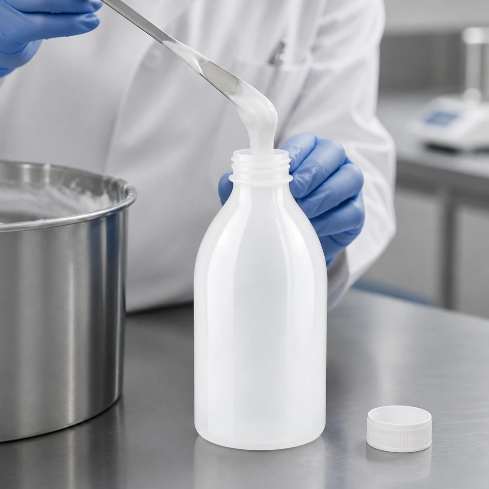 500ml skruvflaska, laboratorieflaska med smal hals Präzises Abfüllen einer cremigen Probe in 500ml Enghals Laborbehälter aus PE