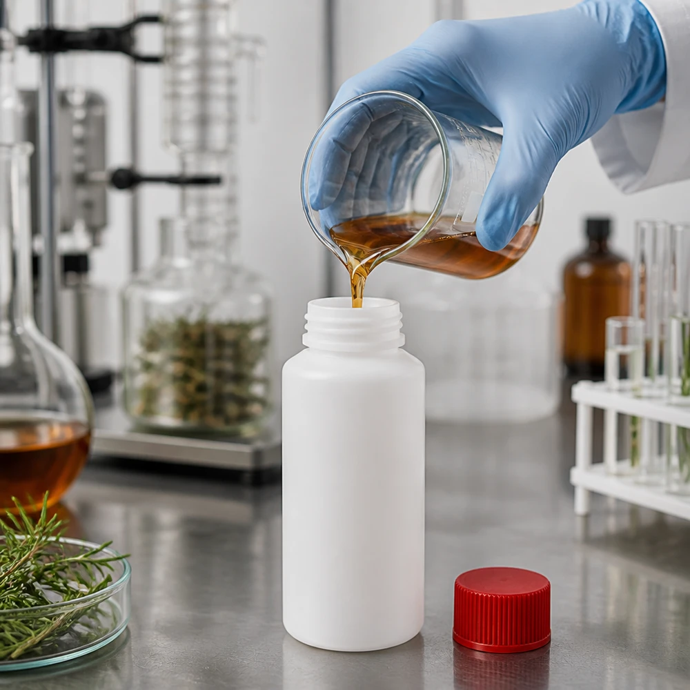 Laboratorieteknikern häller den bruna vätskan i en vit 30 ml HDPE-apotekflaska med röd SV-märkning