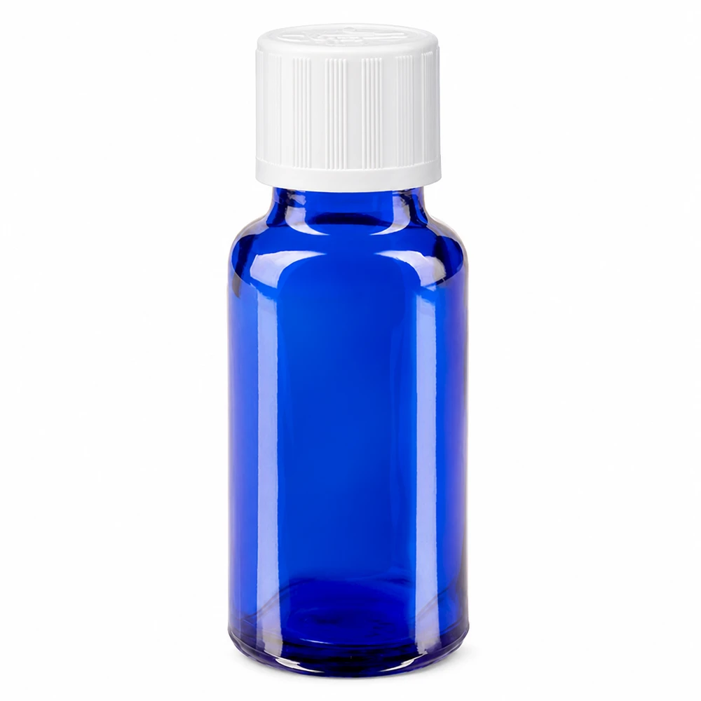 20 ml blå apoteksflaska i glas med vitt barnsäkert lock, 11 mm