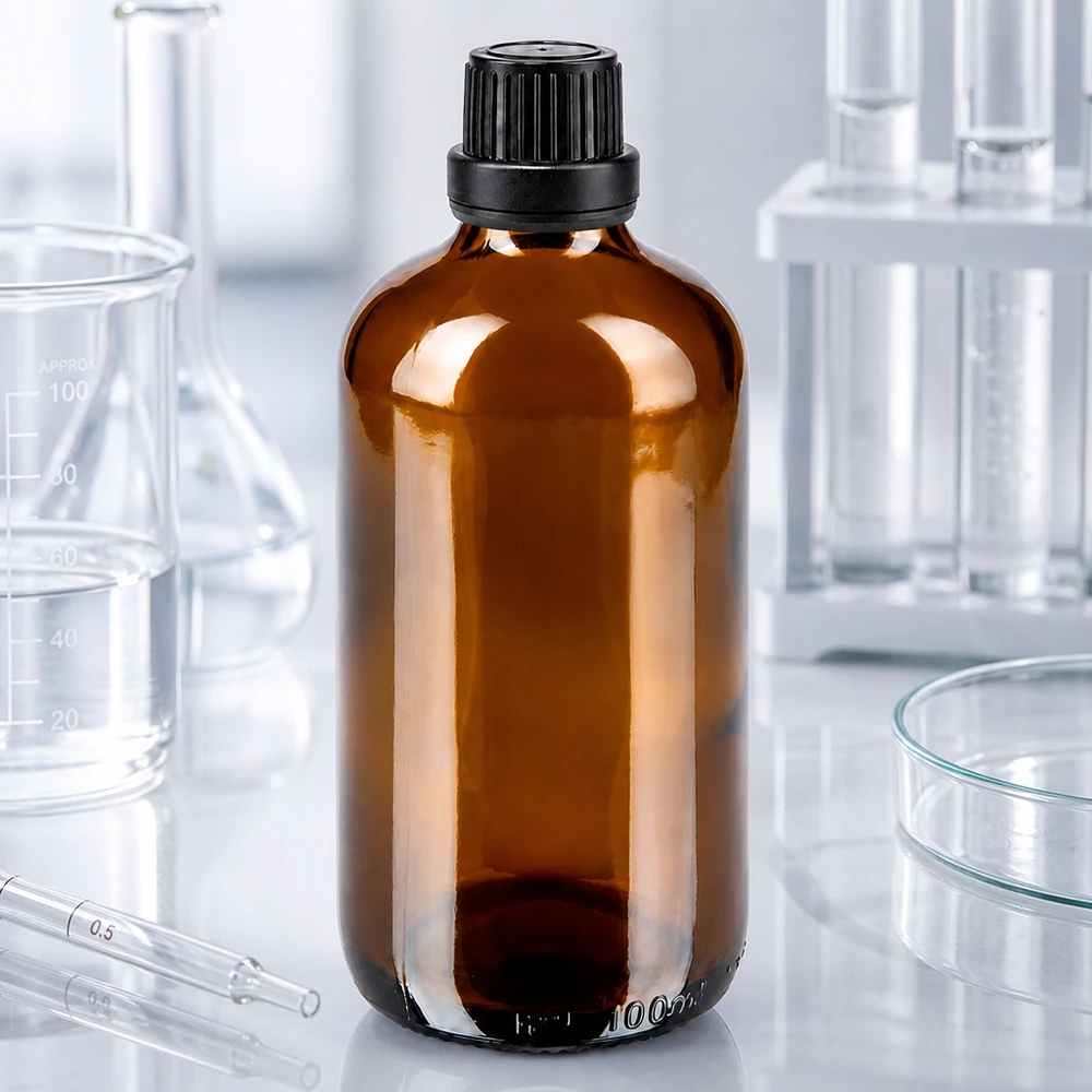 Brun apoteksflaska på 100 ml med svart säkerhetslock (11 mm) för laboratoriemiljö