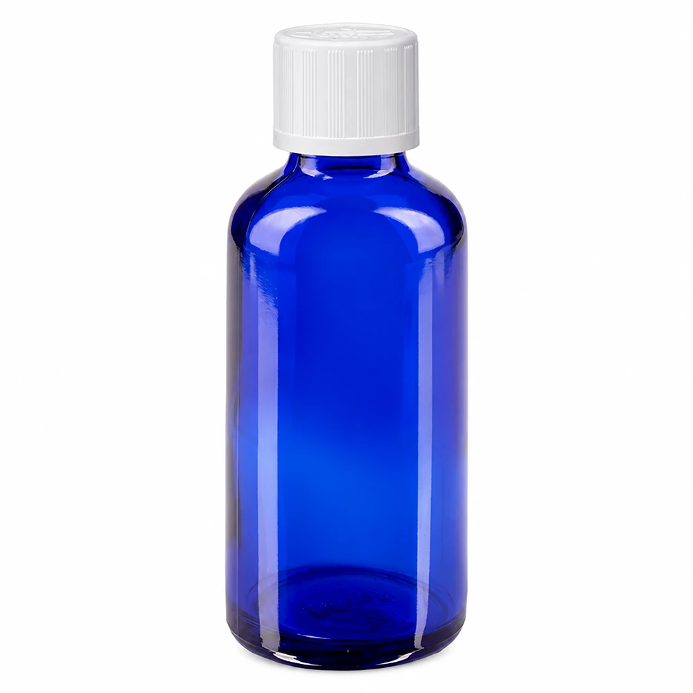 Apoteksflaska blå 50ml skruvkork vit barnsäker standard 50 ml blå apoteksflaska i glas med vitt barnsäkert lock, 11 mm