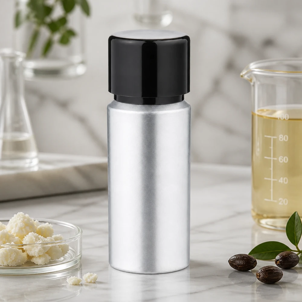 20 ml flaska i betad aluminium med skruvkork Silverfärgad 20 ml aluminiumflaska med svart lock - perfekt för kosmetika och eteriska oljor