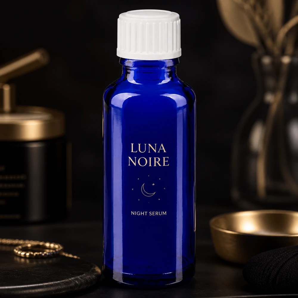 Apoteksflaska blå 30ml skruvkork vit standard Luna Noire Night Serum i en koboltblå 30 ml apoteksflaska med vitt skruvlock