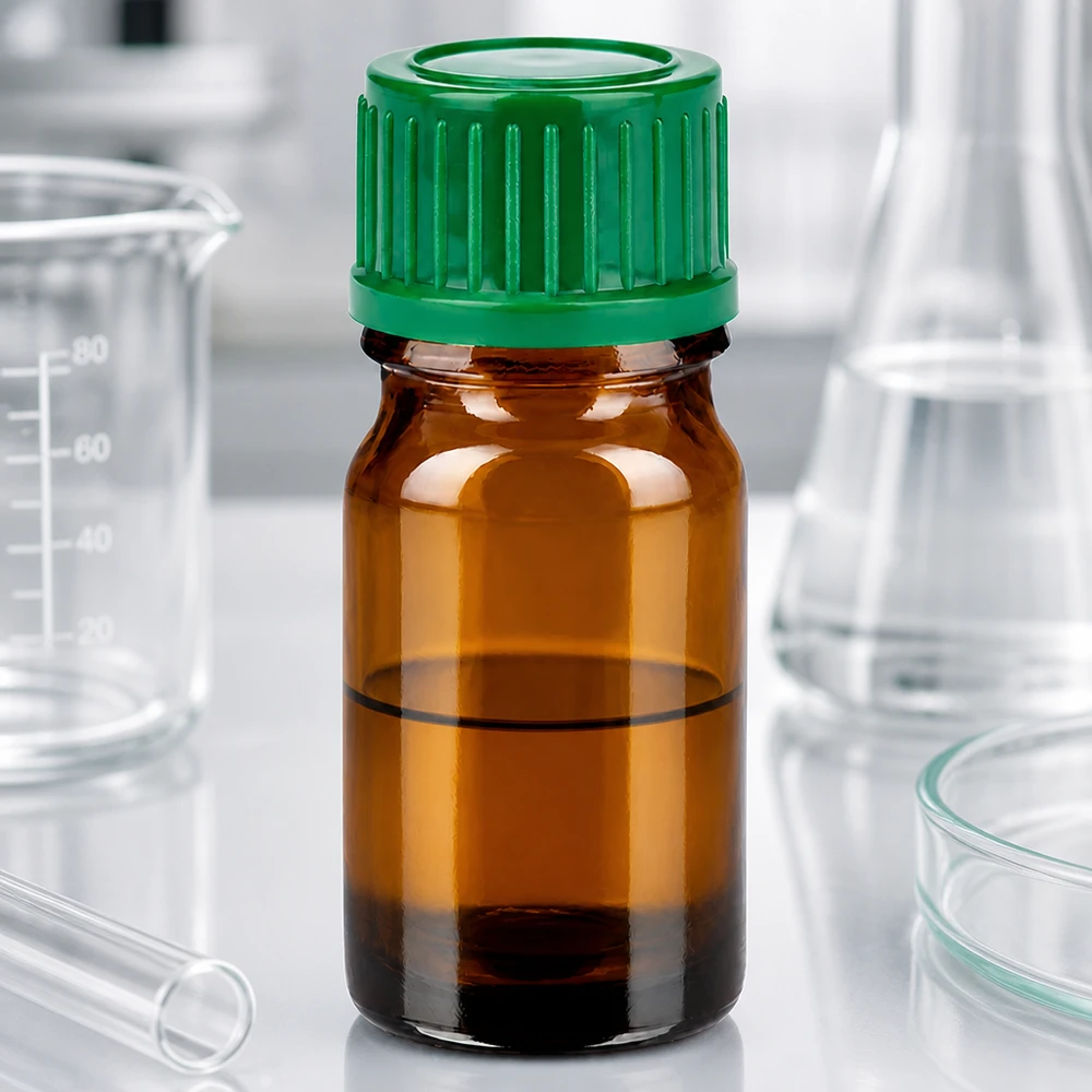 5 ml laboratorieflaska tillverkad av UV-skyddande bärnstensfärgat glas med säkert grönt skruvlock